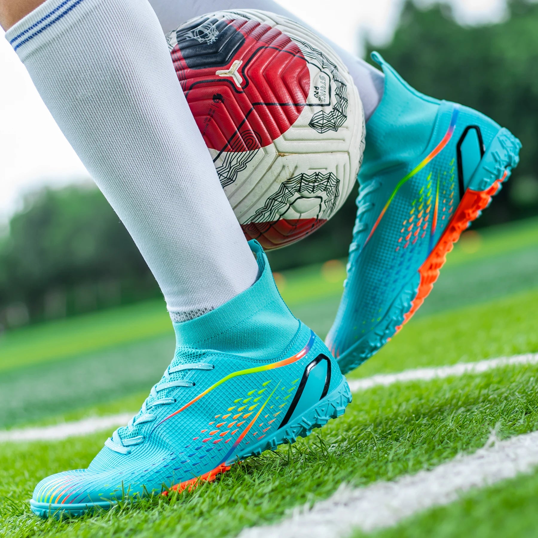 High Top Knit Soccer Cleats FG TF Non Slip Boots for All Weather Training Matches and Grass Sports