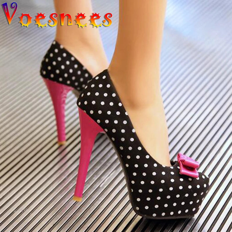 2026 Spring Autumn New Women's Pumps Sweet Bow Polka Dot High-Heeled Single Shoes Round Toe Thin Heels Plus Size Women Shoes