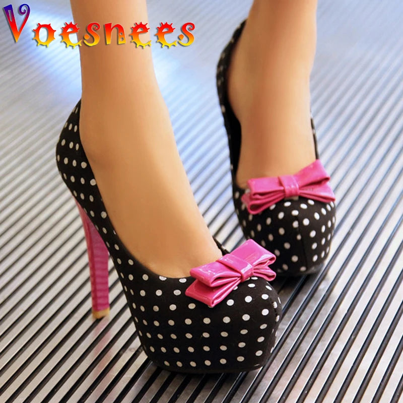 2026 Spring Autumn New Women's Pumps Sweet Bow Polka Dot High-Heeled Single Shoes Round Toe Thin Heels Plus Size Women Shoes