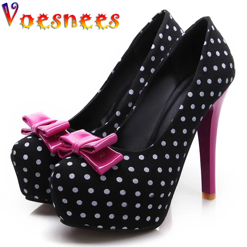 2026 Spring Autumn New Women's Pumps Sweet Bow Polka Dot High-Heeled Single Shoes Round Toe Thin Heels Plus Size Women Shoes