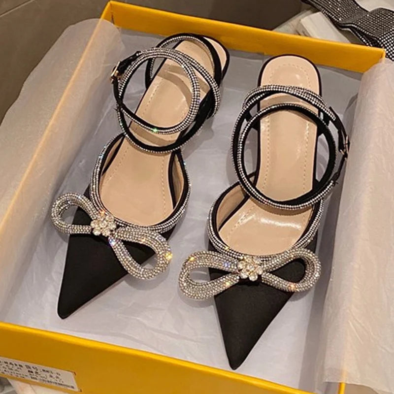 2026 New Fashion Glitter Rhinestones Women Pumps Crystal Bowknot Silk Pointed Toe Buckle Strap Thin High Heels Party Prom Shoes