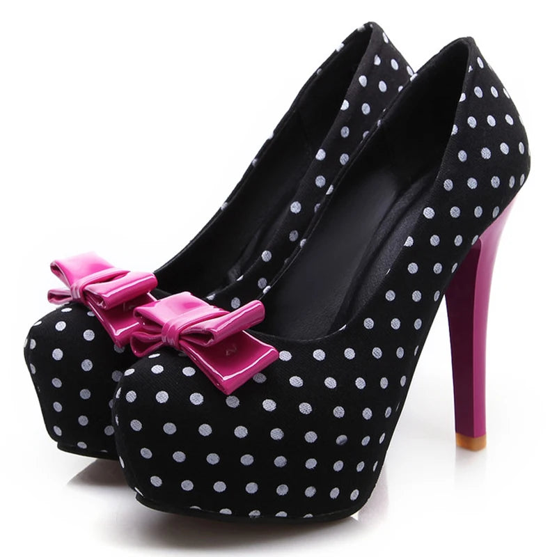 2026 Spring Autumn New Women's Pumps Sweet Bow Polka Dot High-Heeled Single Shoes Round Toe Thin Heels Plus Size Women Shoes