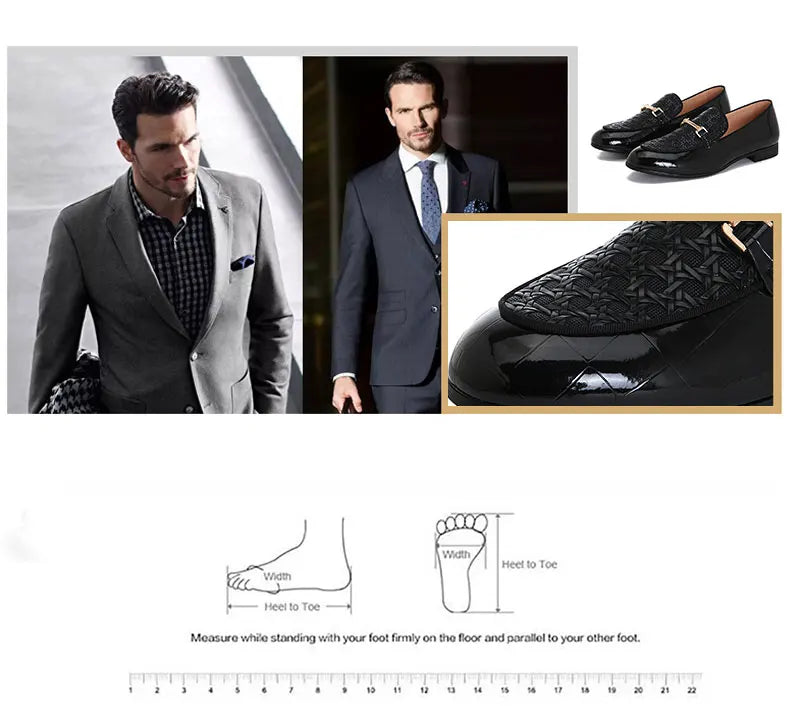 Men Black Leather Shoes Fashion Braid Patterns Casual Shoes Men's Loafers with Gold Chain Buckle Male Wedding Dress Shoes