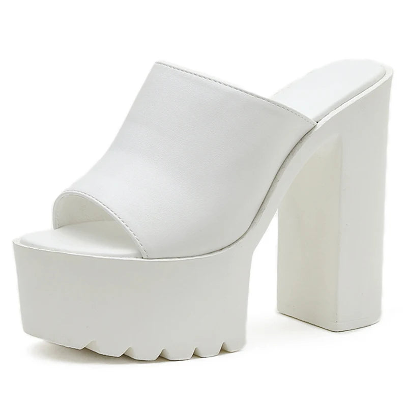 Gdgydh Square Heel Platform Mules Women Outdoor Slippers Peep Toe Slip On Sandals Shoes Slingbacks Black White Great Quality