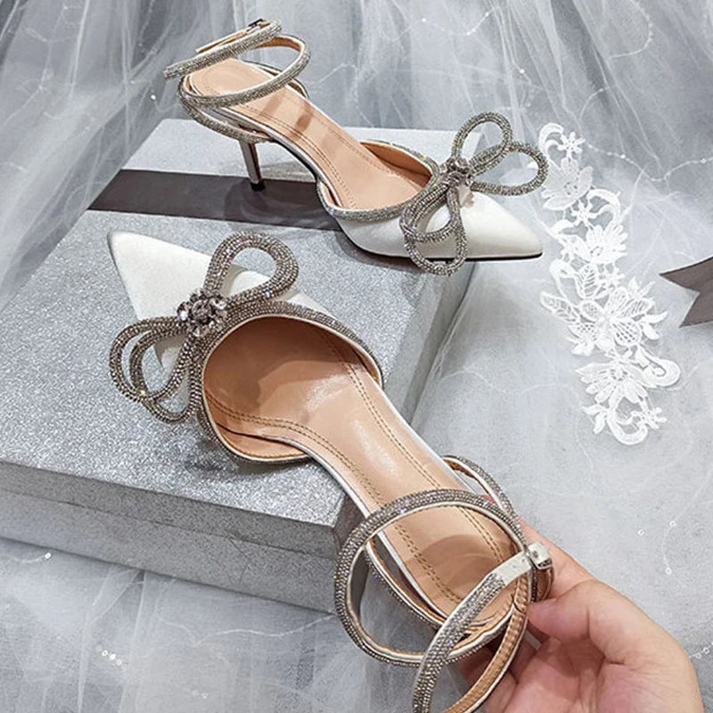 2026 New Fashion Glitter Rhinestones Women Pumps Crystal Bowknot Silk Pointed Toe Buckle Strap Thin High Heels Party Prom Shoes