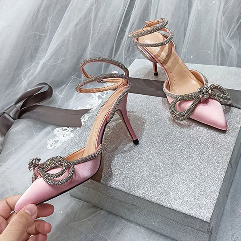 2026 New Fashion Glitter Rhinestones Women Pumps Crystal Bowknot Silk Pointed Toe Buckle Strap Thin High Heels Party Prom Shoes