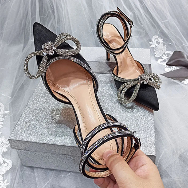 2026 New Fashion Glitter Rhinestones Women Pumps Crystal Bowknot Silk Pointed Toe Buckle Strap Thin High Heels Party Prom Shoes