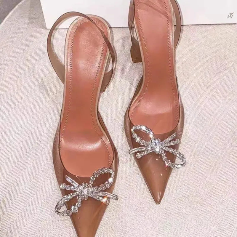 35-45 Fashion Transparent Soft PVC Women Pumps Luxury Rhinestones Bowknot Slingback High heels Spring Summer Wedding Party Shoes