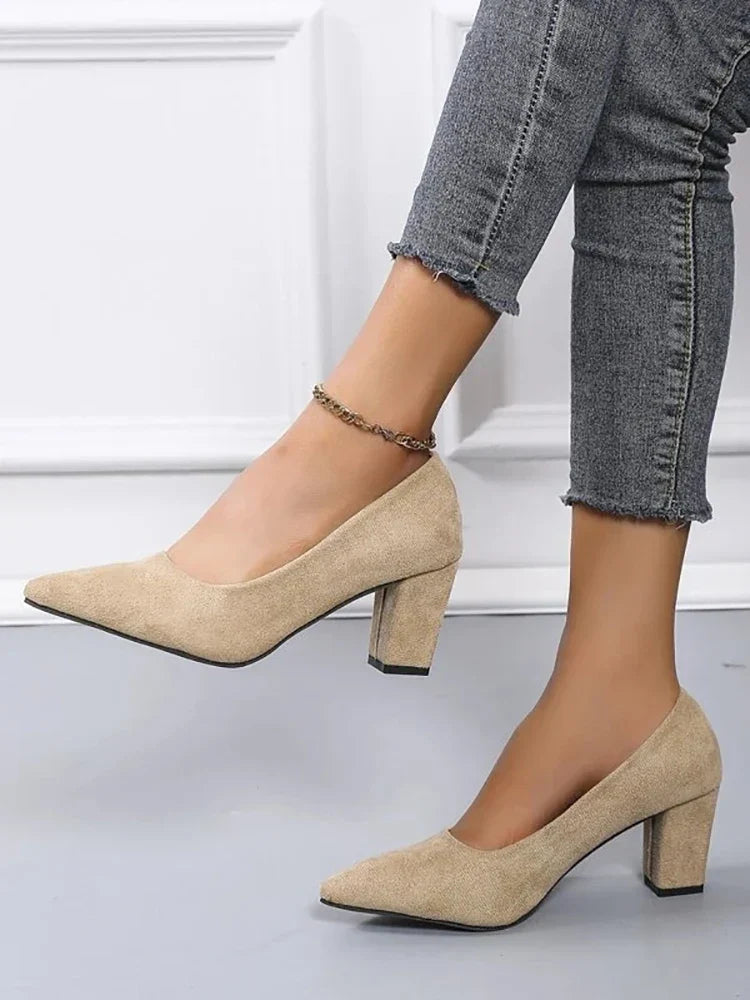 2025 New 7cm Chunky Heels Women Pumps Shoes Students And Mom Beige Suede Wedding Party Leisure Square Heels Plus Size
