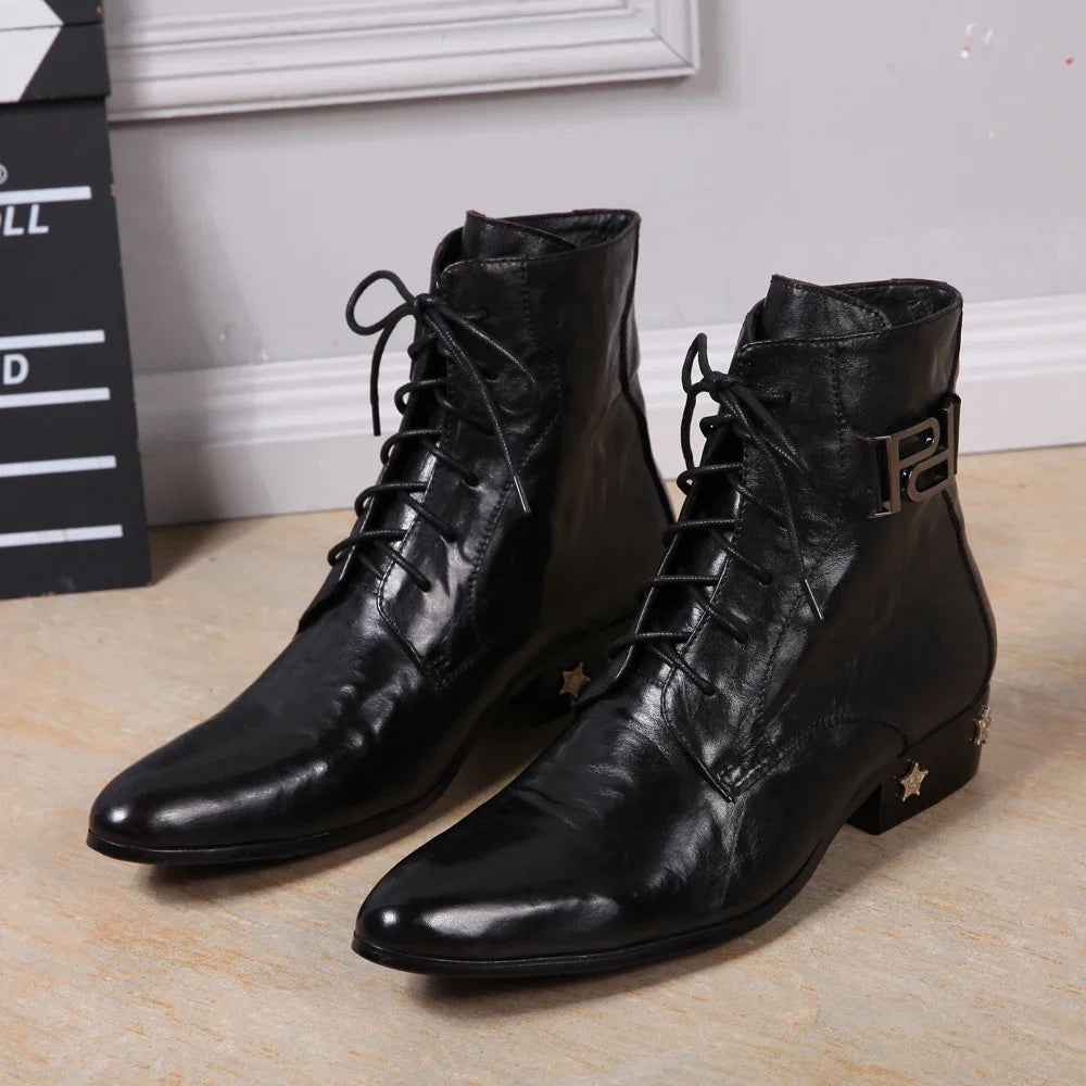 Autumn Genuine Leather Men's boots Chelsea Fashion Rivet Lace-up High quality Bright leather  Pointed shoes Dress Boots