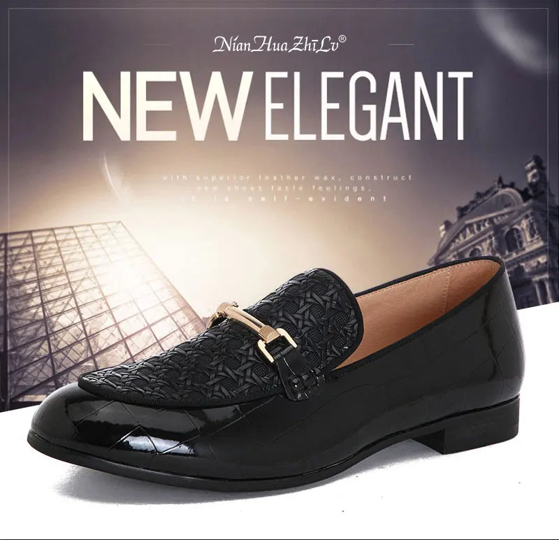 Men Black Leather Shoes Fashion Braid Patterns Casual Shoes Men's Loafers with Gold Chain Buckle Male Wedding Dress Shoes