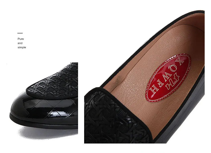 Men Black Leather Shoes Fashion Braid Patterns Casual Shoes Men's Loafers with Gold Chain Buckle Male Wedding Dress Shoes