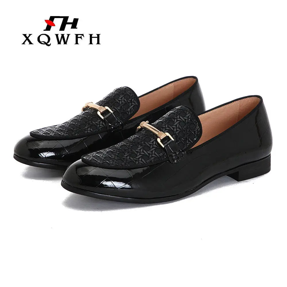 Men Black Leather Shoes Fashion Braid Patterns Casual Shoes Men's Loafers with Gold Chain Buckle Male Wedding Dress Shoes