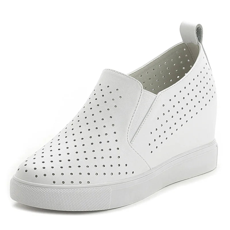 WDZKN Spring Summer Breathable Genuine Leather Women Shoes Slip On High Heels Round Toe Height Increasing Women Casual Shoes