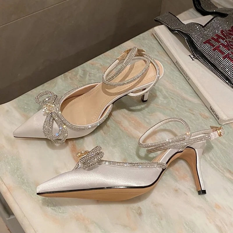 2026 New Fashion Glitter Rhinestones Women Pumps Crystal Bowknot Silk Pointed Toe Buckle Strap Thin High Heels Party Prom Shoes