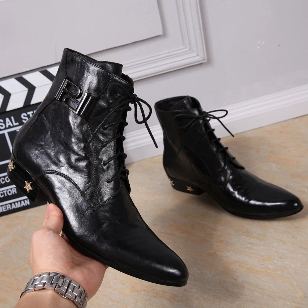 Autumn Genuine Leather Men's boots Chelsea Fashion Rivet Lace-up High quality Bright leather  Pointed shoes Dress Boots