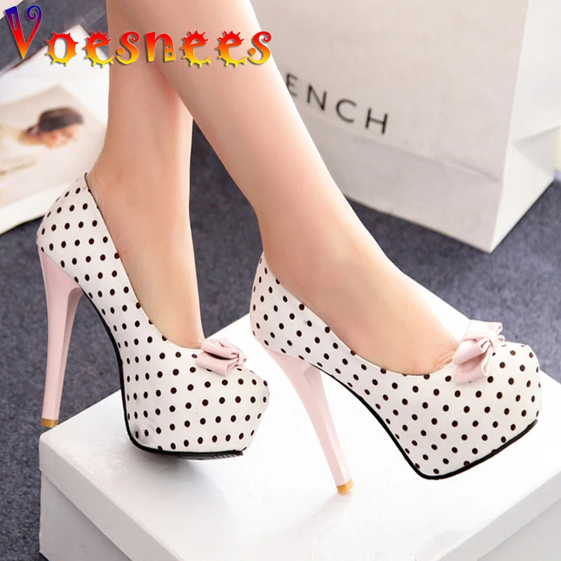 2026 Spring Autumn New Women's Pumps Sweet Bow Polka Dot High-Heeled Single Shoes Round Toe Thin Heels Plus Size Women Shoes