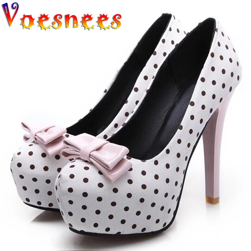 2026 Spring Autumn New Women's Pumps Sweet Bow Polka Dot High-Heeled Single Shoes Round Toe Thin Heels Plus Size Women Shoes