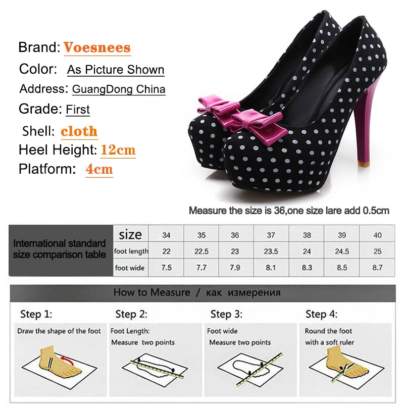 2026 Spring Autumn New Women's Pumps Sweet Bow Polka Dot High-Heeled Single Shoes Round Toe Thin Heels Plus Size Women Shoes