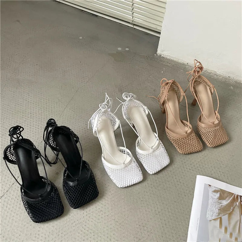 Fashion Hollow Breathable Mesh Square Toe Stiletto High Heels Women Pumps Ankle Lace-Up Elegant Dress Ladies Shoes