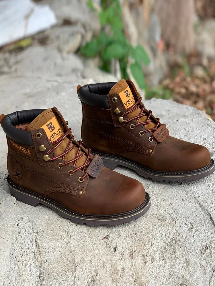 Men's Genuine Leather Boots  Classic Outdoor Boots  Casual Shoes Ankle Motorcycle Boots  Antislip Comfy Shoes Western Style
