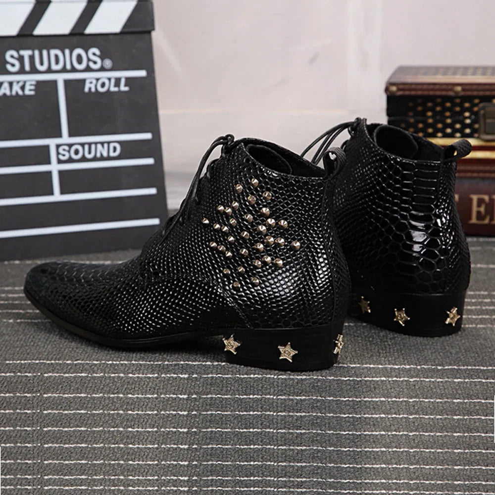 Autumn Genuine Leather Men's boots Chelsea Fashion Rivet Lace-up High quality Bright leather  Pointed shoes Dress Boots