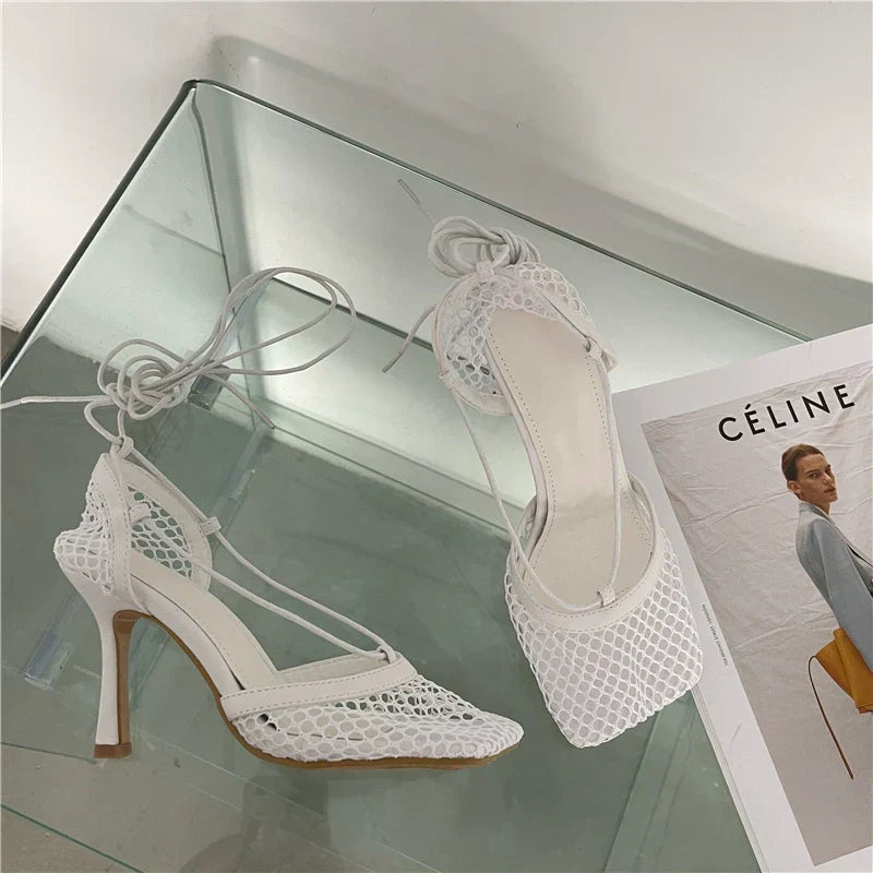 2026 Stiletto Heels Mesh Fashion Sandals Square Toe Cross-Tied Shallow Concise Party Rome Solid Summer Shoes for Women
