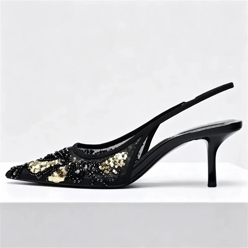 Fashion Mesh String Bead Embellished Design Heels Women Elegant Pointed Toe Back Strap Slide Sandals Black Party Dress Shoes