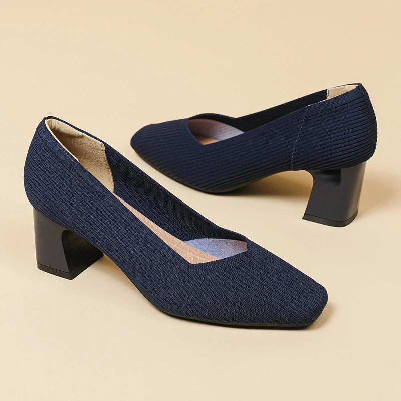 Women's High Heels Comfortable Square Knitted Breathable Comfortable Shoes (5cm High) Autumn 2025 New Collection