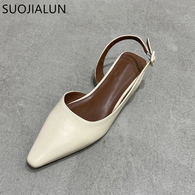 SUOJIALUN 2023 Spring New Shallow Slip On Women Slingback Shoes Soft Casual Ladies Sandal Shoes Flat Heel Outdoor Dress Mules