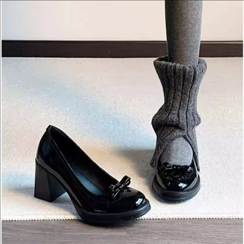 Vintage Bow Shallow Single Shoes Women Slip-On High Heels Block Heel Versatile Commuter Mary Jane Shoes