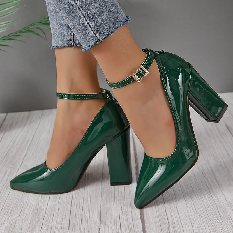 Apricot Red 10cm Super High Heel Ankle Strap Pumps Women Shoes Pointed Toe Fashion Crystals Buckle Patent Leather Plus Size 50