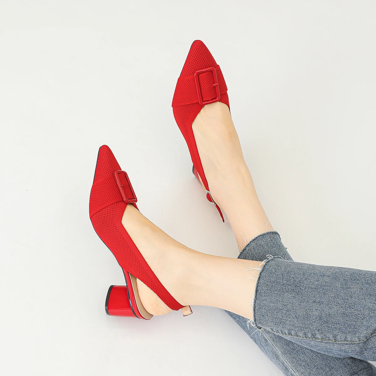 2025 New Women's High Heel Sandals with Pointed Knitted Fashion, Breathable, Non slip, and Colorful Blocks