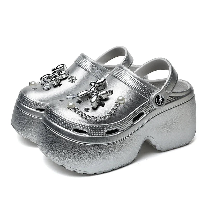 New Women's Silver Platform Clogs Summer 2025 Comfortable Slip on Wedge Sandals Woman Fashion Chain Thick Sole Garden Shoes Lady