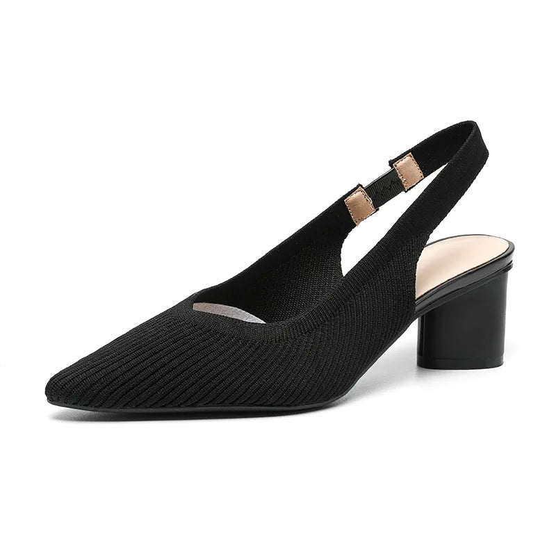 Sandals for Women Heels Knitted Rear Empty Strap Fashion Sandals Pointed Head Shallow Mouth Side Empty Daily Thick Heel Sandals