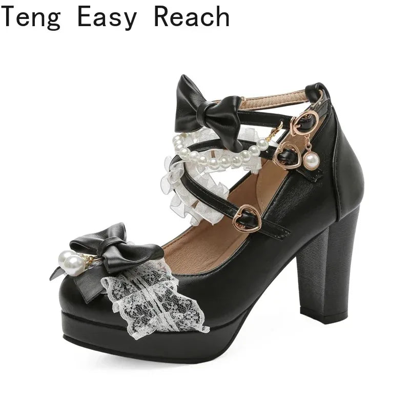 Cross Strap Women High Heels Mary Jane Pumps Party Wedding Cosplay White Pink Black Strawberry Bow Princess 2025 Lolita Shoes