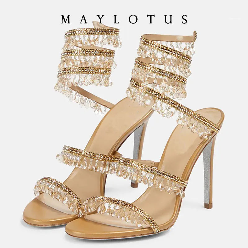 Spring/Summer New Water Diamond Jewel Wrist Wrapped Snake-shaped High Heel Sandals Sexy Large Size Shoe Girl Women Sandals