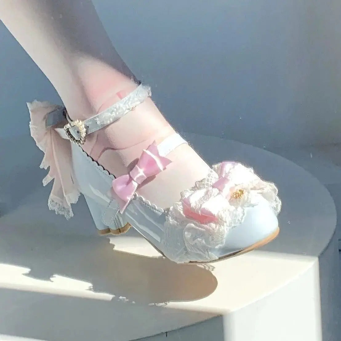 Sweet Girls Lolita Wedding Dress Kitten heels Shoes ,Young Women Students Cute Sakura Lace Bowknots Princess Mary Janes Sandals