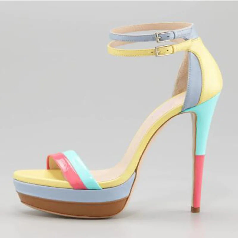 Yellow Blue Pink Mixed Color Leather Open Toe Platform Cover Heel Summer Sandals Women Stiletto Heel Ankle Buckle Party Shoes