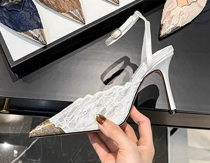 Pointed Color Blocking Lace is Breathable Women's Wedding Shoes Mesh One-strip Stilettos Luxury Women's Shoes Shallow Banquet Sh
