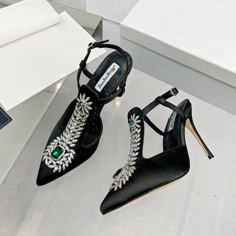 Ladies Wedding Shoes Rhinestone Pointed Toe High Heels Satin Gemstone Stiletto Sandals 2022 New Baotou Fairy Pump Wedding Shoes