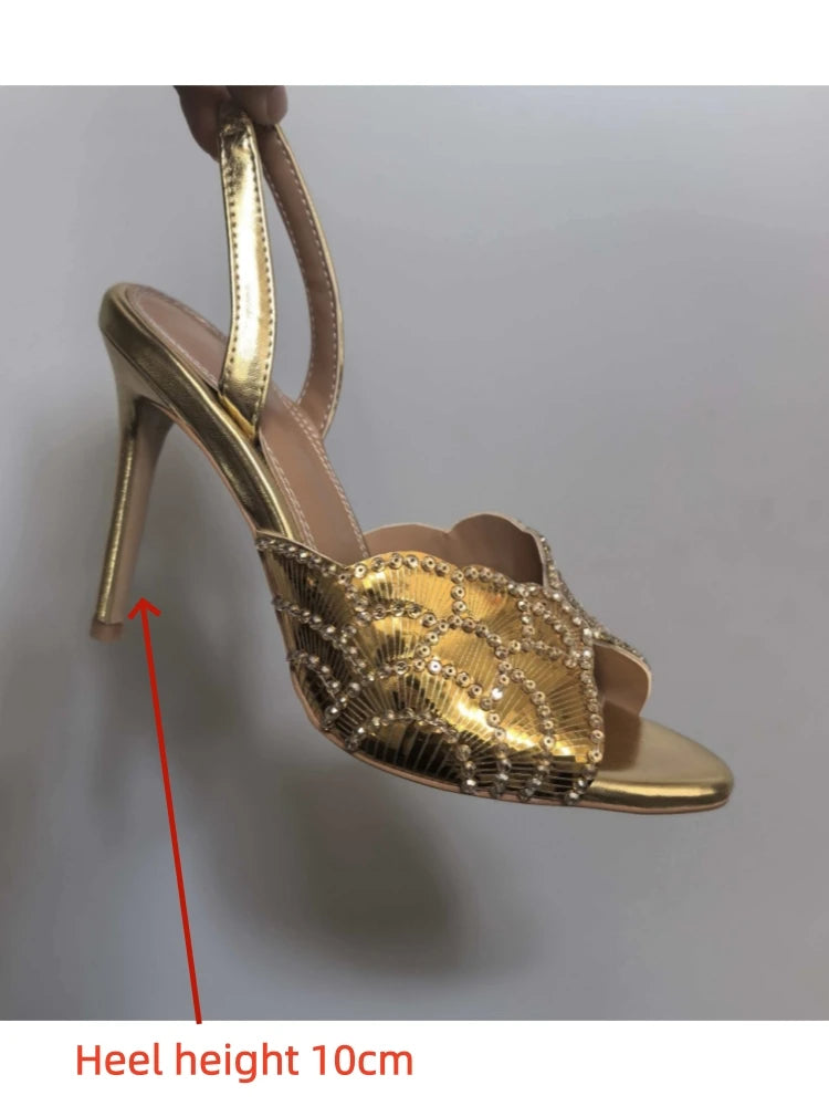 2026 New Gold Pineapple Sexy Rhinestone Fine High Heel Sandals Women's Outdoor Wear Glamorous Lady Executive Plus Size Slippers