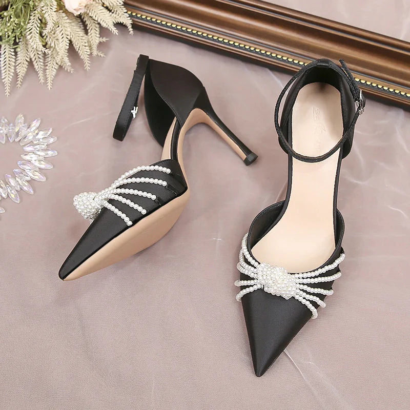 2026 New String Bead Pumps Pointed Thin Heels White Wedding Shoes Bridesmaid High Heels Sexy Satin Single Shoes