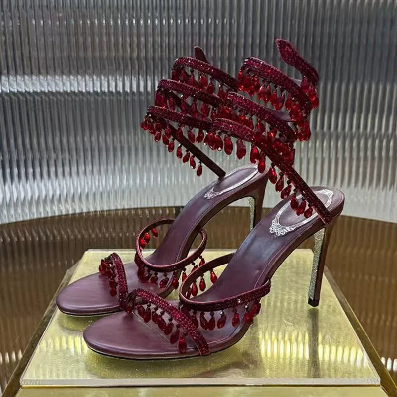 Luxury High Heels Sandals Women Crystal Pendant Snake Twine Around Ankle Strap Wedding Shoes Summer Bohemian Sandals Woman