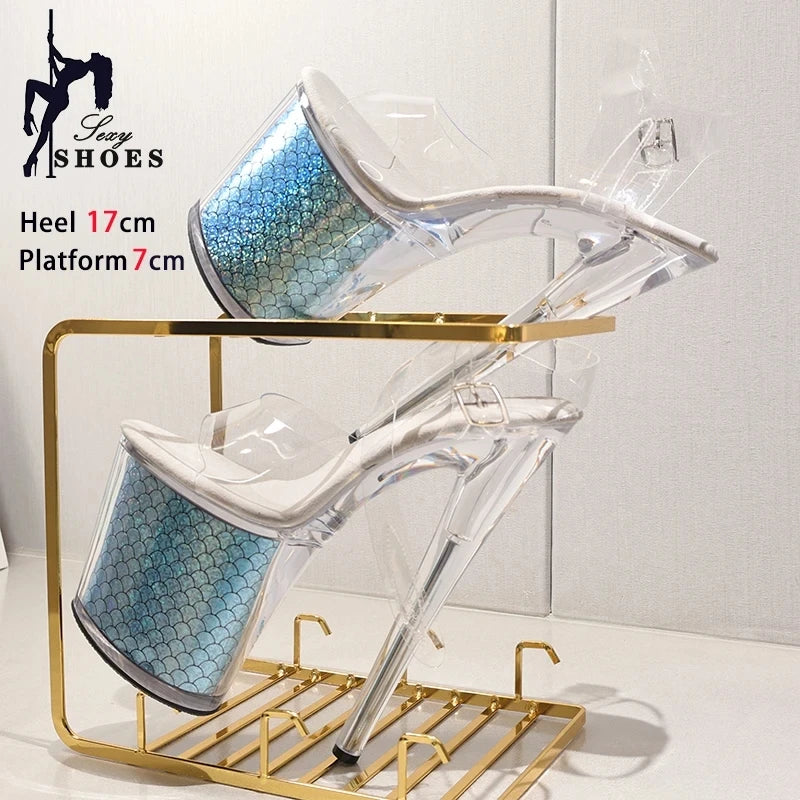 High-quality 17CM/7inches Women Sandals Stripper High Heel Shoes Transparent Platform Glitter Stiletto Pole Dance Shoes Wedding