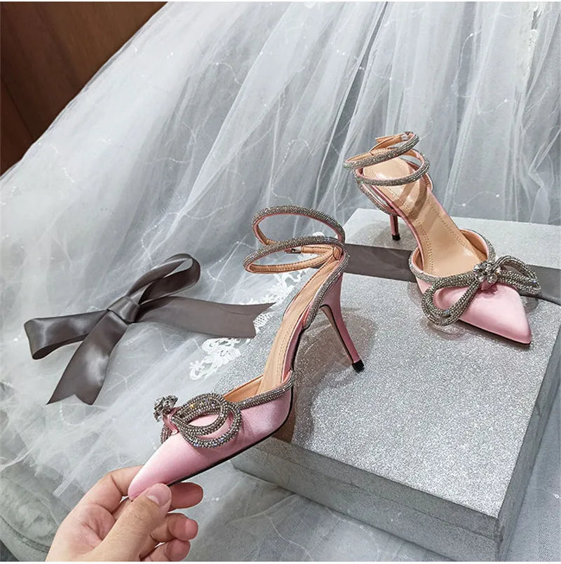 2025 New Fashion Glitter Rhinestones Women Pumps Crystal Bowknot Silk Pointed Toe Buckle Strap Thin High Heels Party Prom Shoes