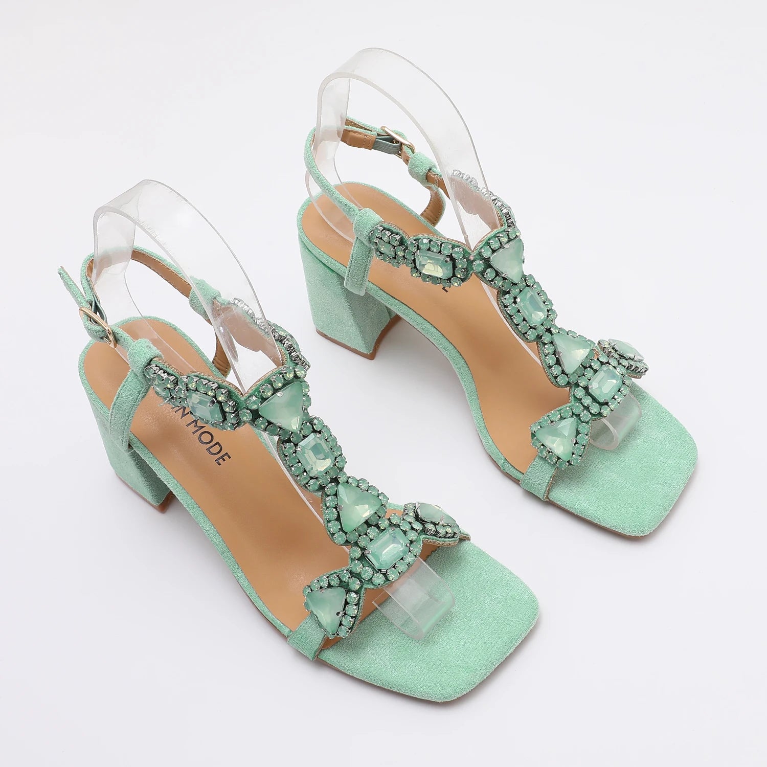 Glamorous Pink/Green Gemstone High Heel Sandals  Women's Elegant Rhinestone Ankle Strap Party Wedding Footwear
