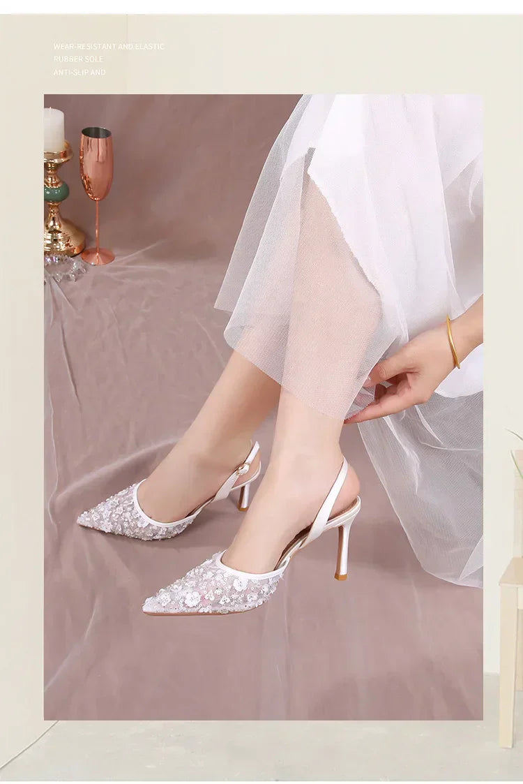 Size 34-42 2025 Summer Beaded High Heel Wedding Shoes Women Lace Mesh Party Dress Shoes