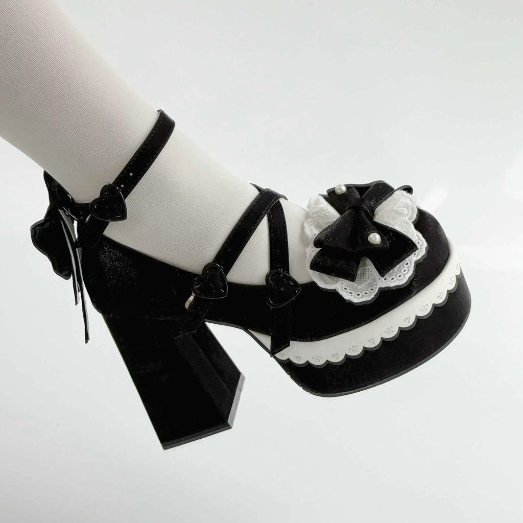 Lovely Girls Lolita High Heels Platform Shoes ,Young Women Students Sweet Pearl Lace Bowknots Embroidery Ankle Strap Mary Janes