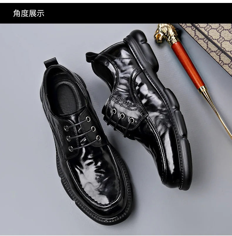 Summer Hallow Cow Leather Shoes for Men Fashion Casual Black New Designer Dress Shoes Male Lace Breathable Platform Shoes Man